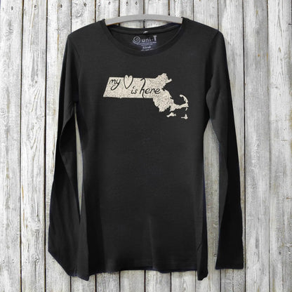 Black bamboo and organic cotton long sleeve t-shirt for women with Massachusetts state graphic and 'My Heart Is Here' text. Thoughtful Bay State gift.