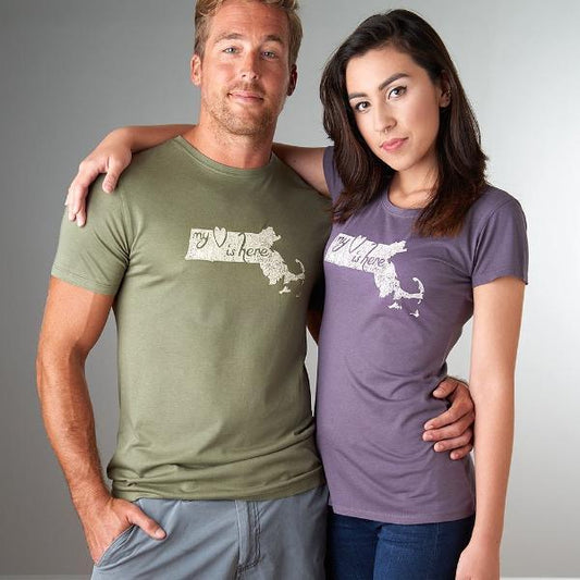 Couple wearing Uni-T bamboo and organic cotton Massachusetts T-Shirts with 'My Heart Is Here' design, perfect for state pride gifting.
