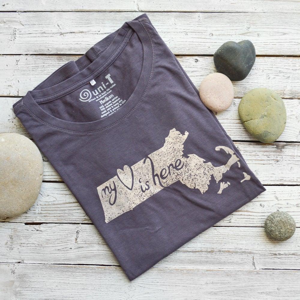 Folded Women's Massachusetts T-Shirt in bamboo and organic cotton with 'My Heart Is Here' graphic, ideal Bay State souvenir gift.