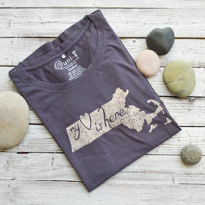 Folded Women's Massachusetts T-Shirt in bamboo and organic cotton with 'My Heart Is Here' graphic, ideal Bay State souvenir gift.