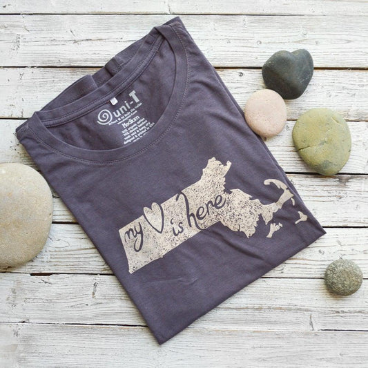 Folded Women's Massachusetts T-Shirt in bamboo and organic cotton with 'My Heart Is Here' graphic, ideal Bay State souvenir gift.