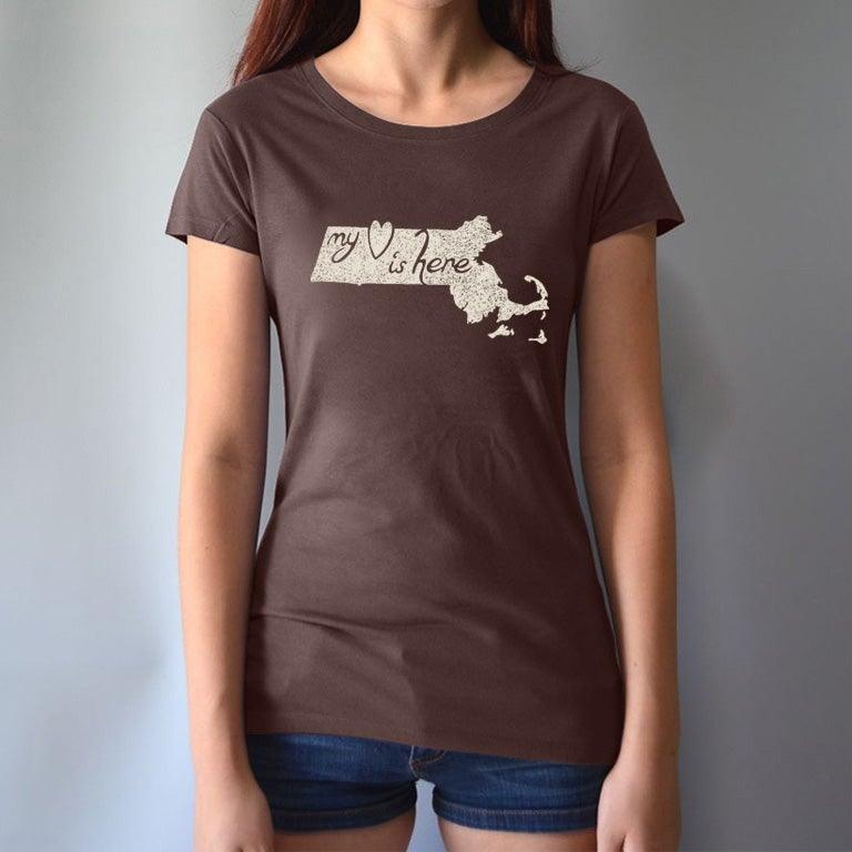 Woman modeling fitted brown Massachusetts T-Shirt made from bamboo and organic cotton, featuring 'My Heart Is Here' state pride graphic.