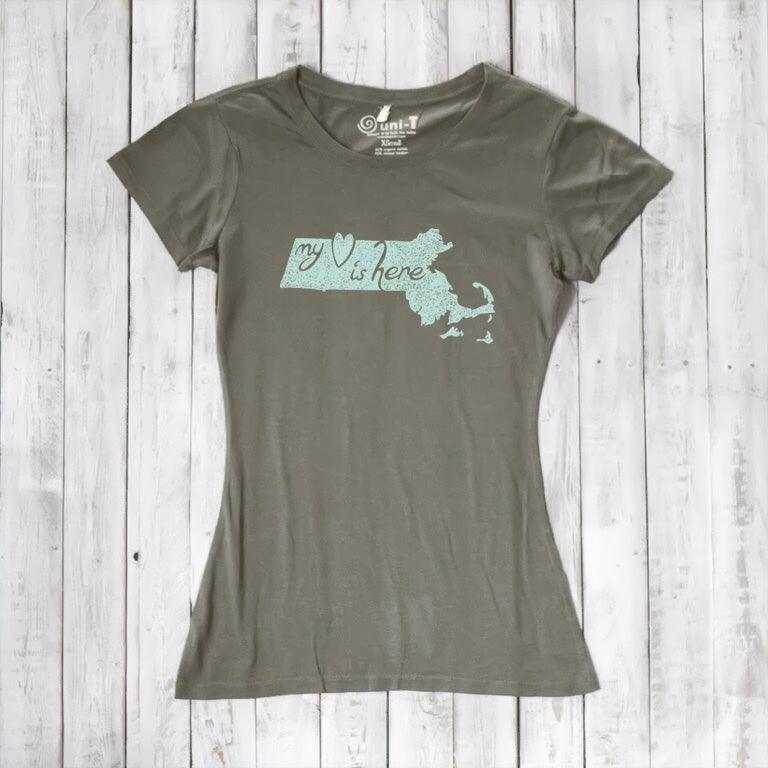 Olive green Women's Massachusetts T-Shirt in bamboo and organic cotton, featuring 'My Heart Is Here' state pride graphic by Uni-T.