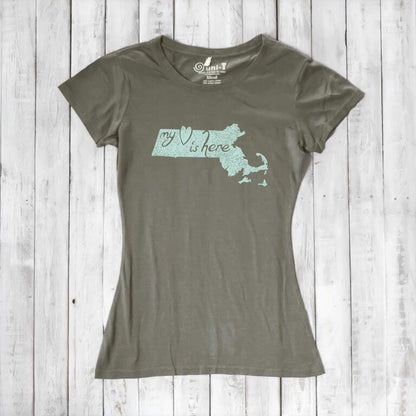 Olive green Women's Massachusetts T-Shirt in bamboo and organic cotton, featuring 'My Heart Is Here' state pride graphic by Uni-T.