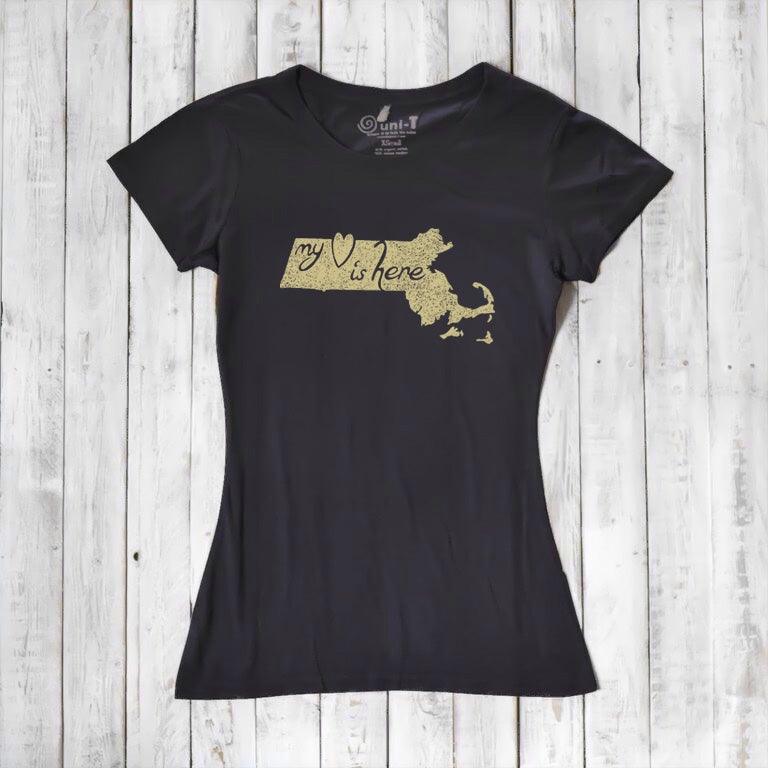 Black Women's Massachusetts T-Shirt with gold 'My Heart Is Here' graphic, crafted from bamboo and organic cotton for eco-conscious style.