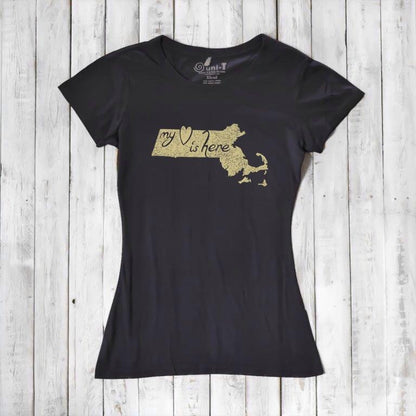 Black Women's Massachusetts T-Shirt with gold 'My Heart Is Here' graphic, crafted from bamboo and organic cotton for eco-conscious style.