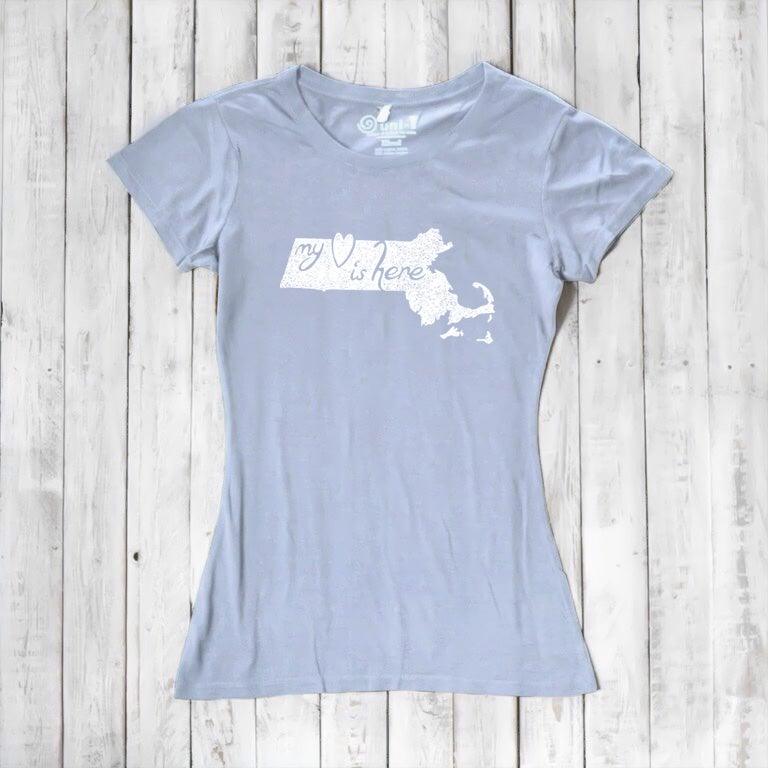 Pale blue Women's Massachusetts T-Shirt with white 'My Heart Is Here' graphic, made from soft bamboo and organic cotton blend.