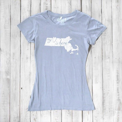Pale blue Women's Massachusetts T-Shirt with white 'My Heart Is Here' graphic, made from soft bamboo and organic cotton blend.