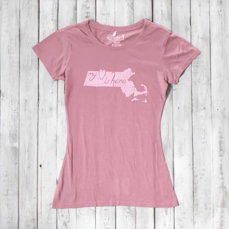 Pink Women's Massachusetts T-Shirt in bamboo and organic cotton, featuring 'My Heart Is Here' state pride graphic for local gifting.
