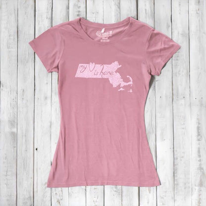 Pink Women's Massachusetts T-Shirt in bamboo and organic cotton, featuring 'My Heart Is Here' state pride graphic for local gifting.