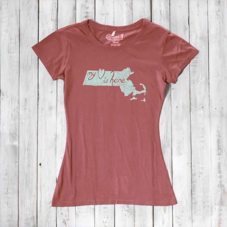 Rust red Women's Massachusetts T-Shirt with mint 'My Heart Is Here' graphic, sustainable bamboo and organic cotton souvenir tee.