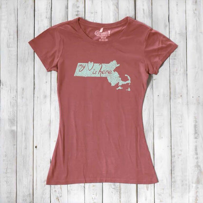 Rust red Women's Massachusetts T-Shirt with mint 'My Heart Is Here' graphic, sustainable bamboo and organic cotton souvenir tee.