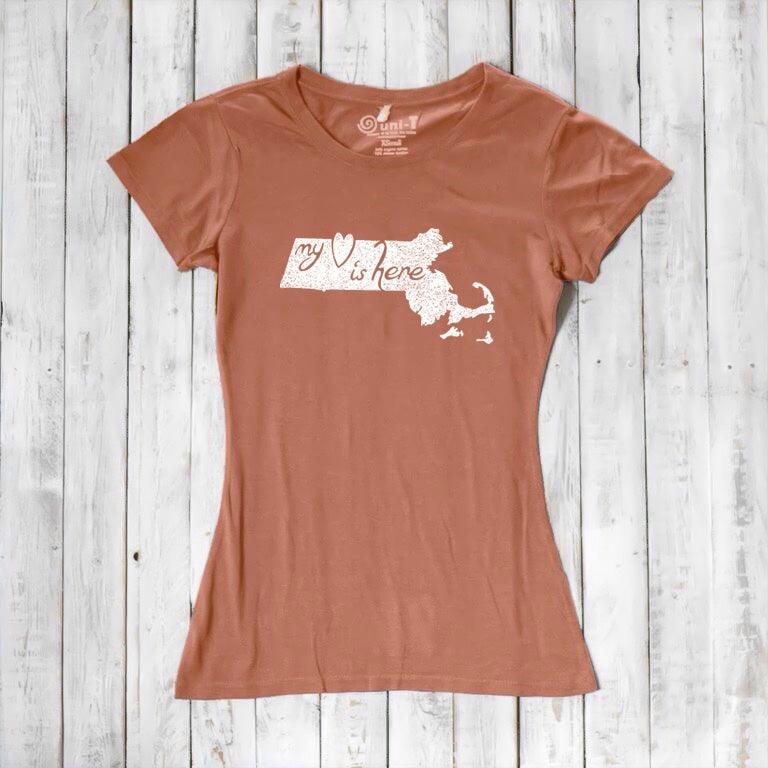 Terracotta Women's Massachusetts T-Shirt with white 'My Heart Is Here' graphic, made from eco-friendly bamboo and organic cotton.