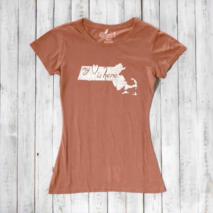 Terracotta Women's Massachusetts T-Shirt with white 'My Heart Is Here' graphic, made from eco-friendly bamboo and organic cotton.
