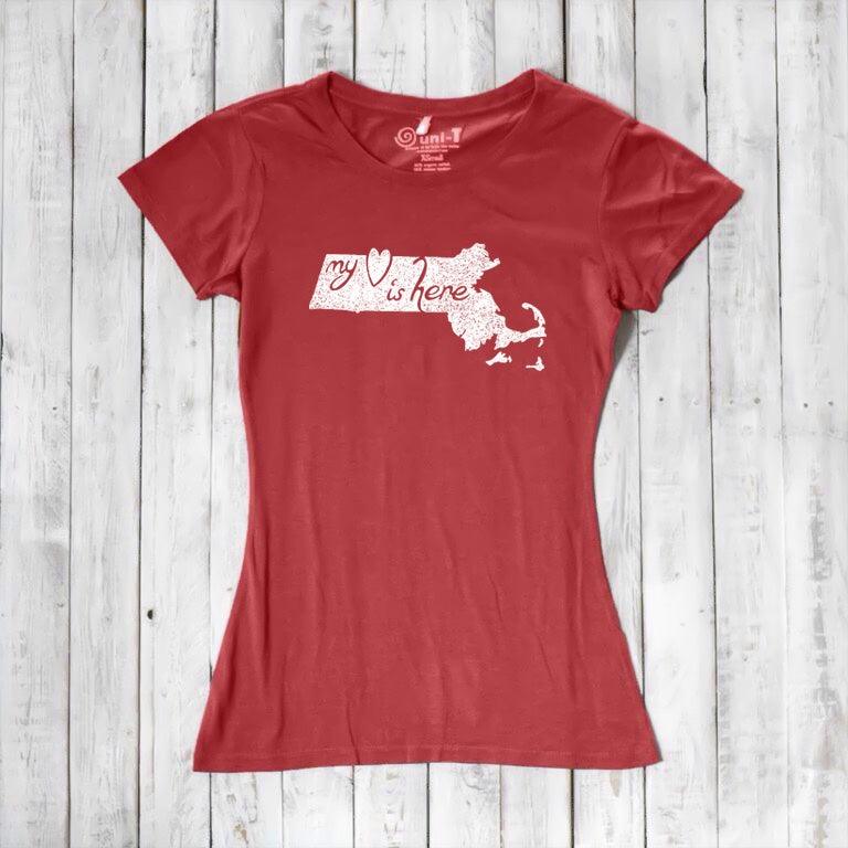 Red Women's Massachusetts T-Shirt featuring white 'My Heart Is Here' graphic, crafted from bamboo and organic cotton by Uni-T.
