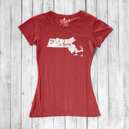 Red Women's Massachusetts T-Shirt featuring white 'My Heart Is Here' graphic, crafted from bamboo and organic cotton by Uni-T.