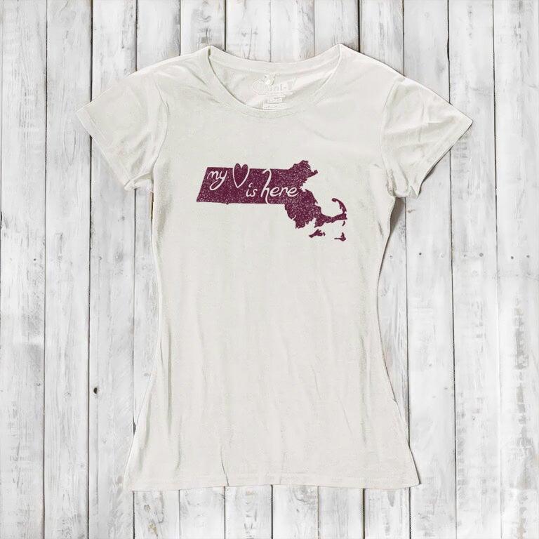 Ivory Women's Massachusetts T-Shirt with maroon 'My Heart Is Here' graphic, sustainable bamboo and organic cotton state pride tee.