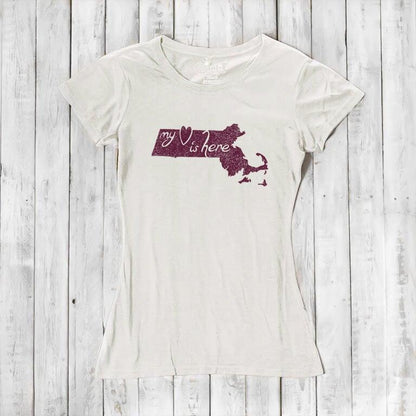 Ivory Women's Massachusetts T-Shirt with maroon 'My Heart Is Here' graphic, sustainable bamboo and organic cotton state pride tee.
