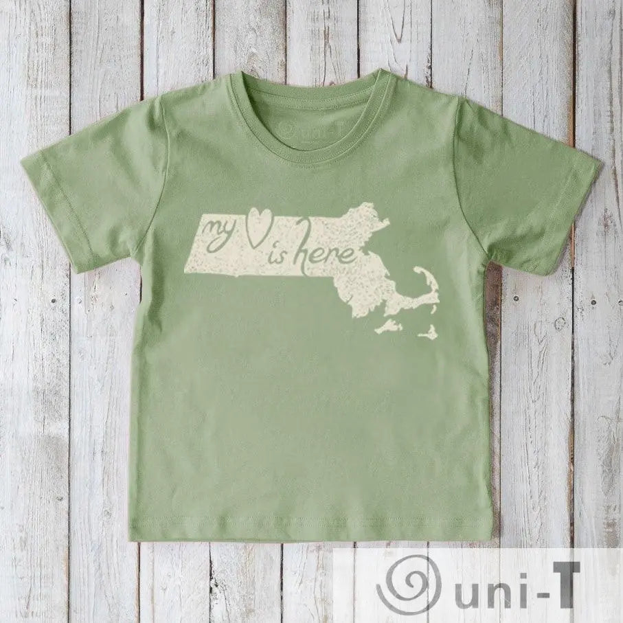Kids' Massachusetts Organic Cotton T-Shirt in sage green with 'My Heart Is Here' graphic. Eco-friendly local pride tee by Uni-T.