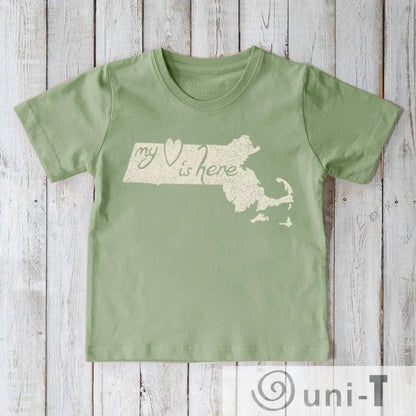 Kids' Massachusetts Organic Cotton T-Shirt in sage green with 'My Heart Is Here' graphic. Eco-friendly local pride tee by Uni-T.