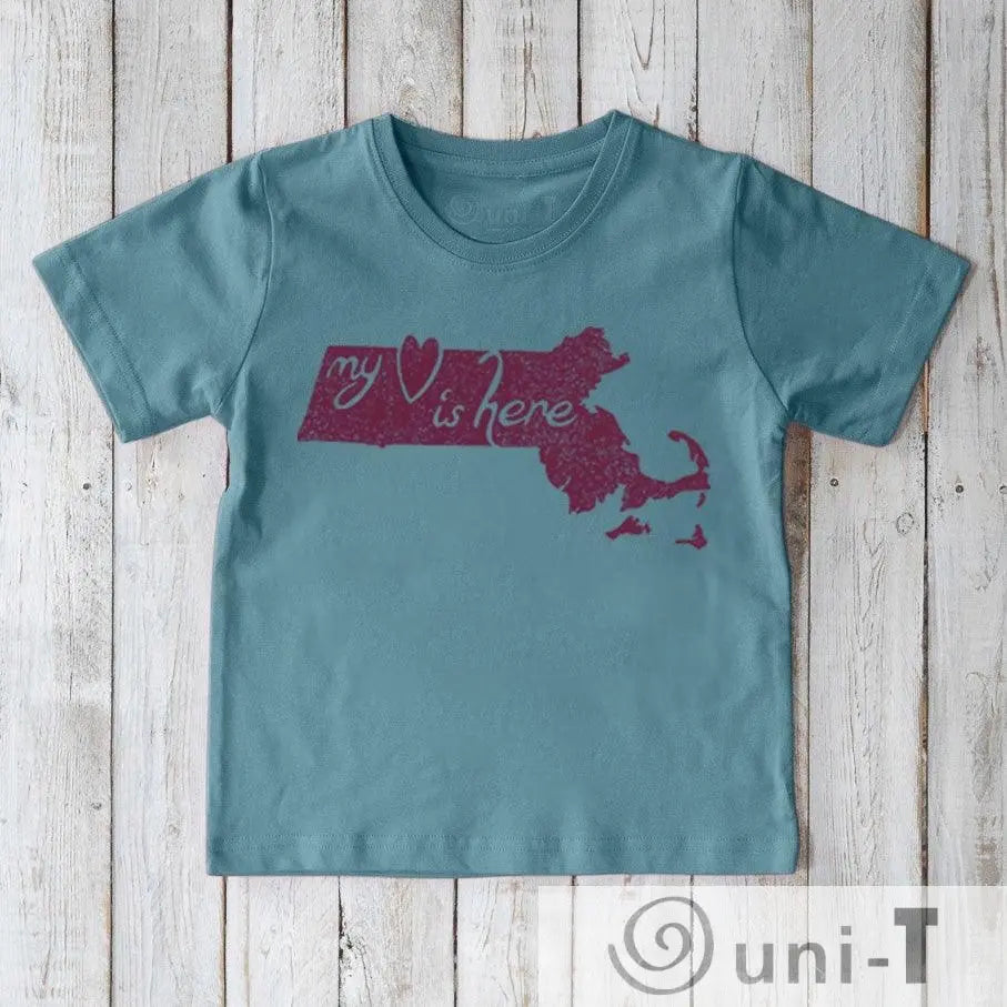 Blue organic cotton T-shirt for kids with maroon Massachusetts state print and 'My Heart Is Here' slogan. Sustainable tee by Uni-T.