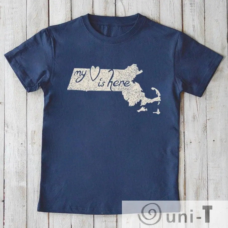 Navy blue children's T-shirt with cream Massachusetts outline and 'My Heart Is Here' design. Eco-friendly graphic tee by Uni-T.