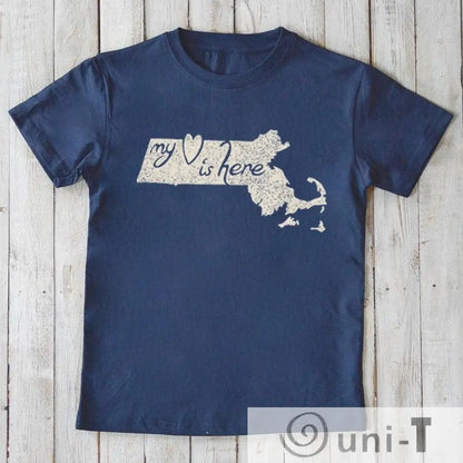 Navy blue children's T-shirt with cream Massachusetts outline and 'My Heart Is Here' design. Eco-friendly graphic tee by Uni-T.