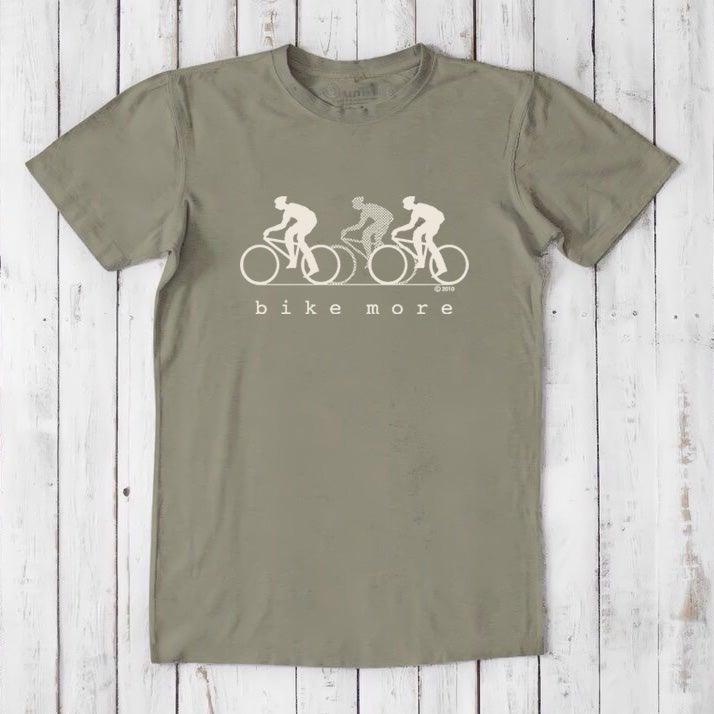 Olive green Men's Bicycle T-Shirt in Bamboo & Organic Cotton with white 'Bike More' cycling graphic, eco-friendly activewear gift for him.