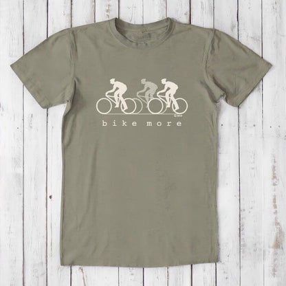 Olive green Men's Bicycle T-Shirt in Bamboo & Organic Cotton with white 'Bike More' cycling graphic, eco-friendly activewear gift for him.