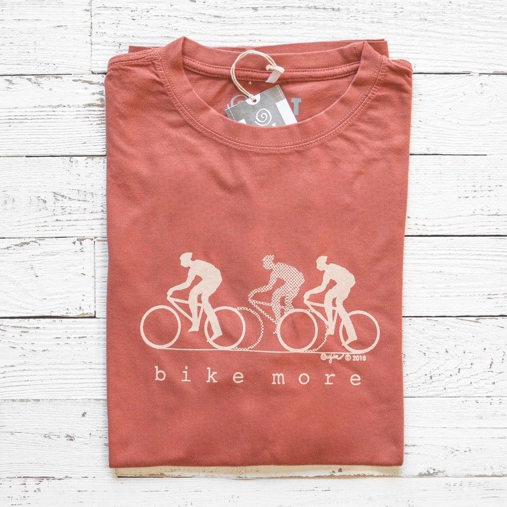Rust red Men's Bicycle T-Shirt in Bamboo & Organic Cotton with white 'Bike More' cyclist design, sustainable fitness tee for cycling lovers.