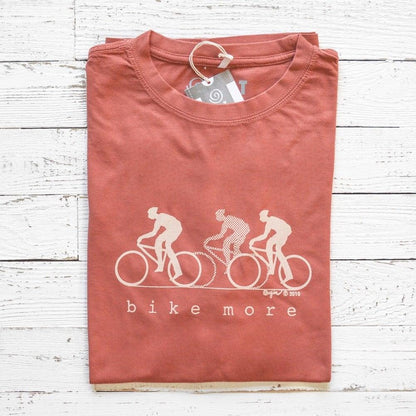 Rust red Men's Bicycle T-Shirt in Bamboo & Organic Cotton with white 'Bike More' cyclist design, sustainable fitness tee for cycling lovers.