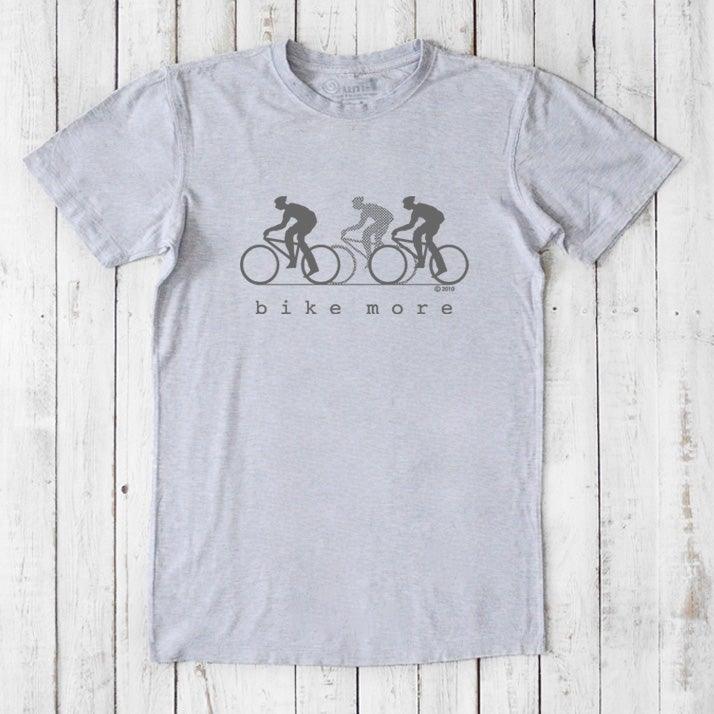 Light grey Men's Bicycle T-Shirt in Bamboo & Organic Cotton with dark 'Bike More' cycling graphic, breathable and soft activewear top.