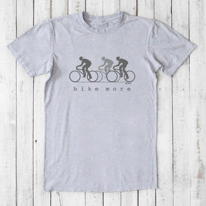 Light grey Men's Bicycle T-Shirt in Bamboo & Organic Cotton with dark 'Bike More' cycling graphic, breathable and soft activewear top.