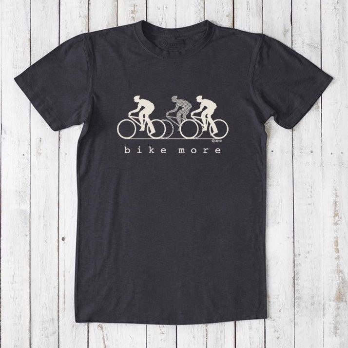 Charcoal black Men's Bicycle T-Shirt in Bamboo & Organic Cotton with cream 'Bike More' cyclist print, classic fit tee for outdoor enthusiasts.
