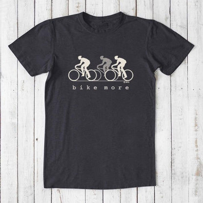 Charcoal black Men's Bicycle T-Shirt in Bamboo & Organic Cotton with cream 'Bike More' cyclist print, classic fit tee for outdoor enthusiasts.