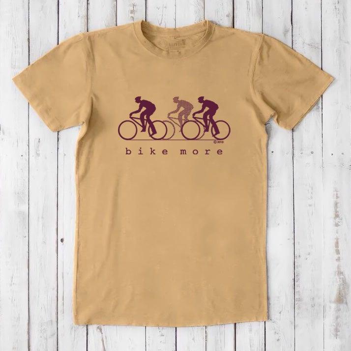 Tan Men's Bicycle T-Shirt in Bamboo & Organic Cotton with maroon 'Bike More' cycling graphic, stylish and eco-conscious gift for him.