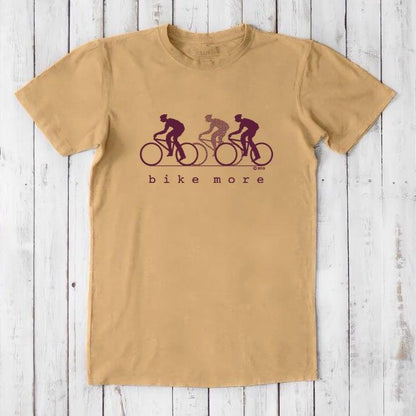Tan Men's Bicycle T-Shirt in Bamboo & Organic Cotton with maroon 'Bike More' cycling graphic, stylish and eco-conscious gift for him.