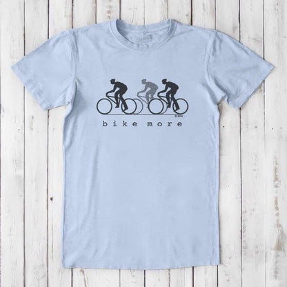 Light blue Men's Bicycle T-Shirt in Bamboo & Organic Cotton with black 'Bike More' cyclist design, perfect for casual rides and workouts.