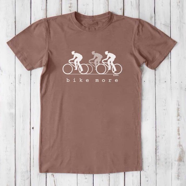 Brown Men's Bicycle T-Shirt in Bamboo & Organic Cotton with white 'Bike More' cycling graphic, soft and breathable tee for active men.