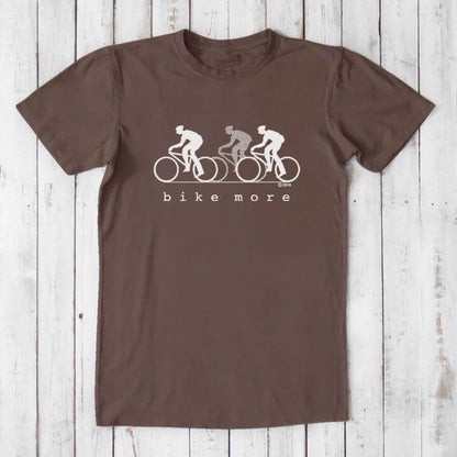 Dark brown Men's Bicycle T-Shirt in Bamboo & Organic Cotton with white 'Bike More' cyclist print, sustainable and stylish activewear top.