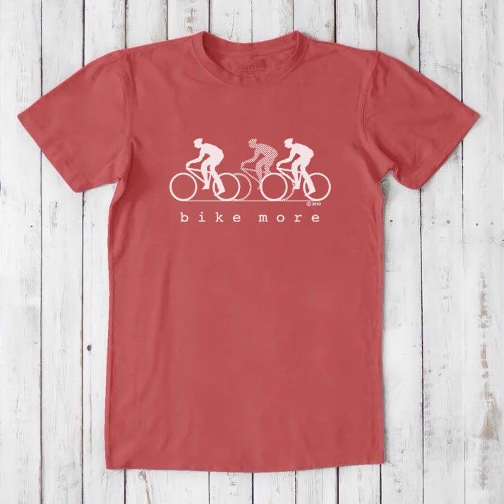 Red Men's Bicycle T-Shirt in Bamboo & Organic Cotton with white 'Bike More' cycling graphic, great eco-friendly gift for cycling fans.