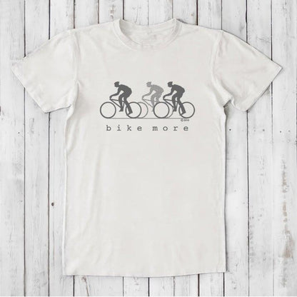 White Men's Bicycle T-Shirt in Bamboo & Organic Cotton with black 'Bike More' cycling graphic, classic fit tee for eco-conscious cyclists.