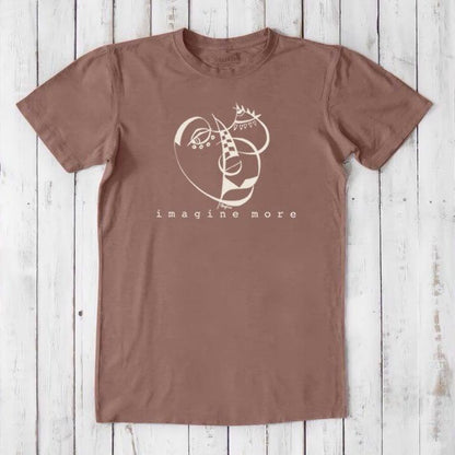 Brown bamboo and organic cotton men's graphic tee with cream 'Imagine More' abstract art design. Sustainable fashion for artists.