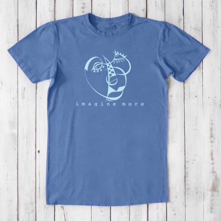 Blue men's bamboo and organic cotton t-shirt with light blue 'Imagine More' graphic. Artistic and sustainable gift for men.