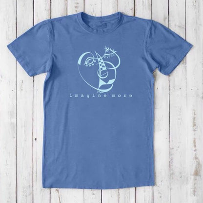 Blue men's bamboo and organic cotton t-shirt with light blue 'Imagine More' graphic. Artistic and sustainable gift for men.