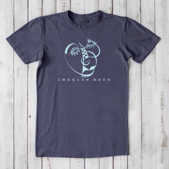 Charcoal gray men's art tee in bamboo and organic cotton with blue 'Imagine More' design. Ideal for artistic and eco-conscious men.