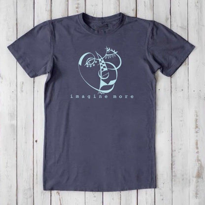 Charcoal gray men's art tee in bamboo and organic cotton with blue 'Imagine More' design. Ideal for artistic and eco-conscious men.