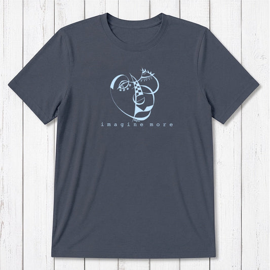 Charcoal gray men's art tee in bamboo and organic cotton with blue 'Imagine More' design. Ideal for artistic and eco-conscious men.