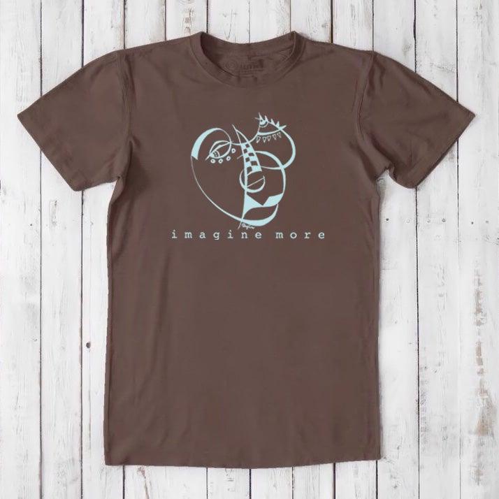Dark brown men's graphic t-shirt made from bamboo and organic cotton, featuring a blue 'Imagine More' abstract design. Creative gift idea.