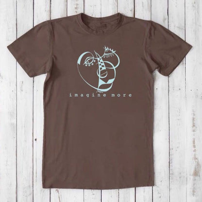 Dark brown men's graphic t-shirt made from bamboo and organic cotton, featuring a blue 'Imagine More' abstract design. Creative gift idea.
